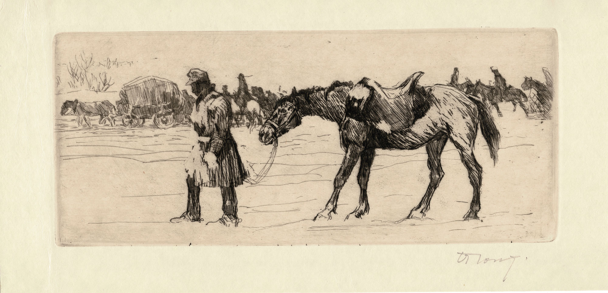 Oswald Roux - Original WWI Etching - The Sick Horse - Village Antiques